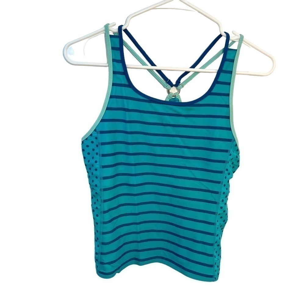 Vintage Lands End Girls Sz 14 Tankini Swim Top Teal Blue Stripes Polka Dot Sides